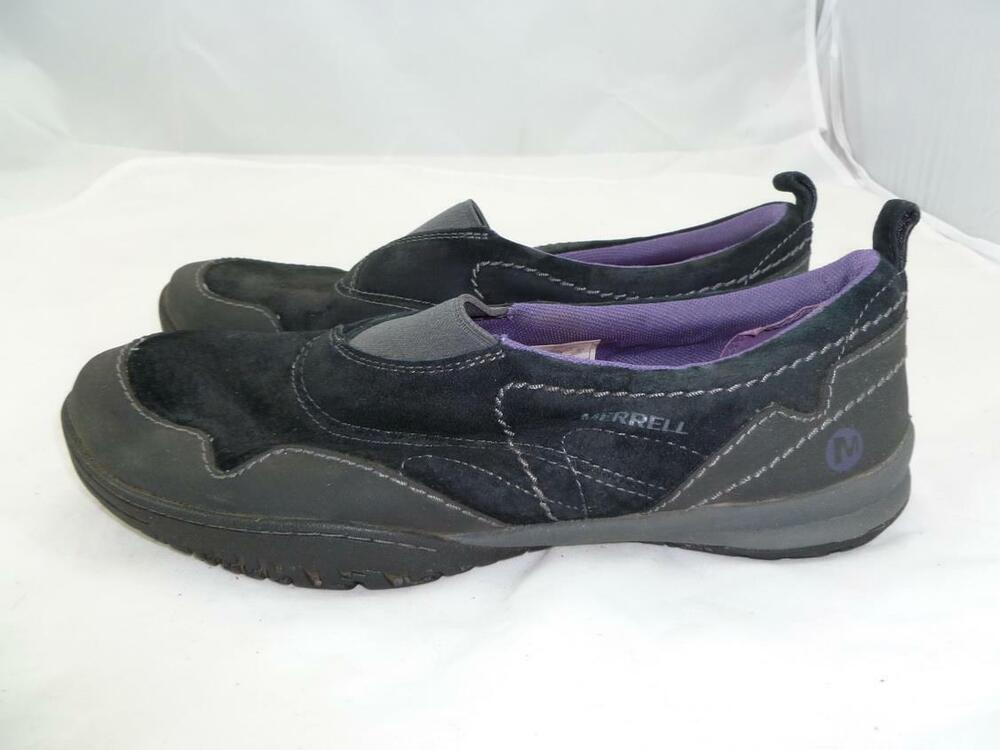 MERRELL WOMEN 8 BLACK USED COMFORT NUBUCK LEATHER FLATS/SHOES/SLIP ONS/LOAFERS